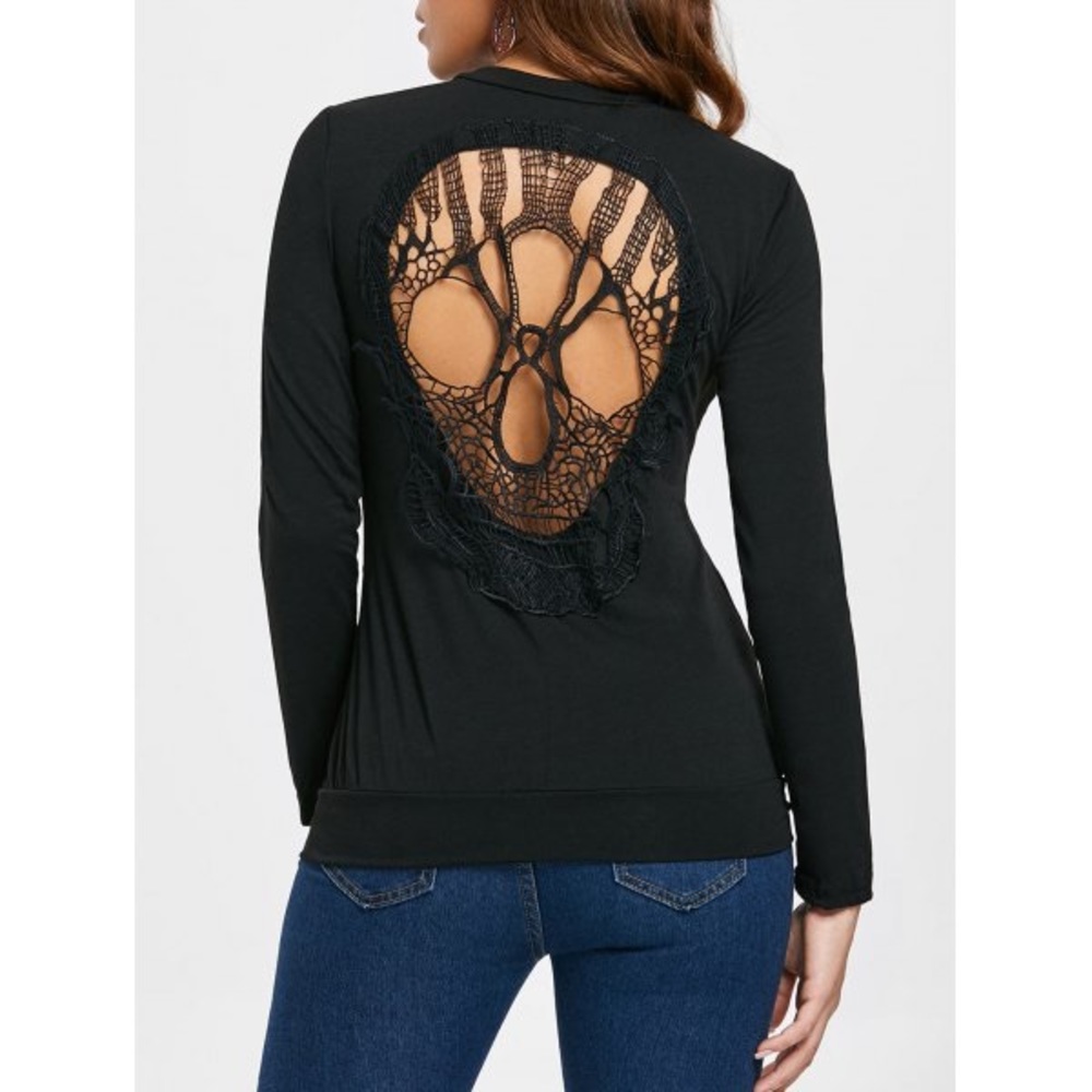 Long Sleeve Skull Cutout T-Shirt - Black